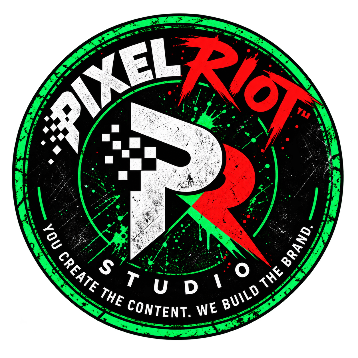 PixelRiot Studio round logo — You create the content. We build the brand.